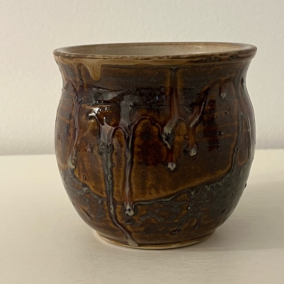 Artist Signed Vintage Brown Drip Glaze Pottery Jar Vase With Flower Frog - Picture 1 of 9
